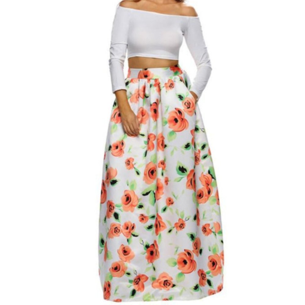 White Orange Flower African Print Floral Maxi Skirt Women's Size XL